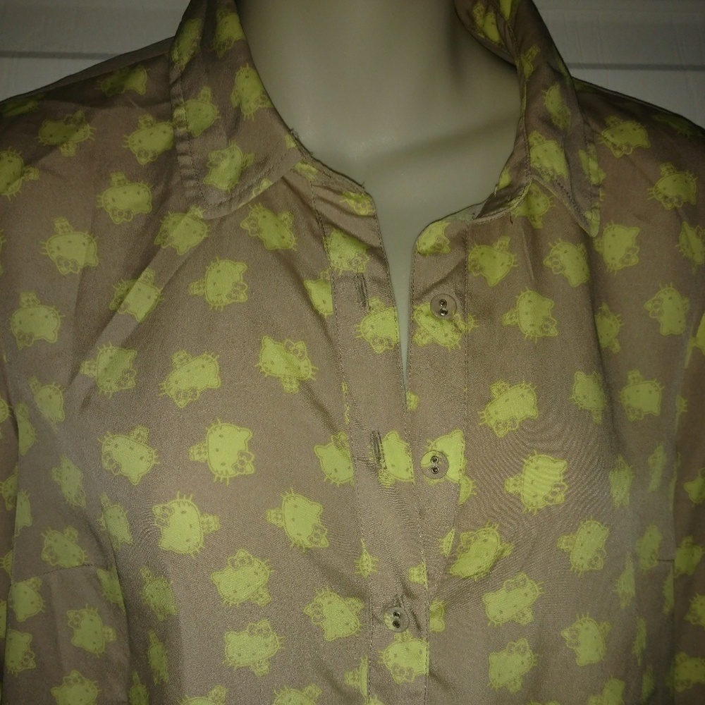Hello Kitty • Y2k Sheer Nude Button Front Blouse Neon Green Small Graphic